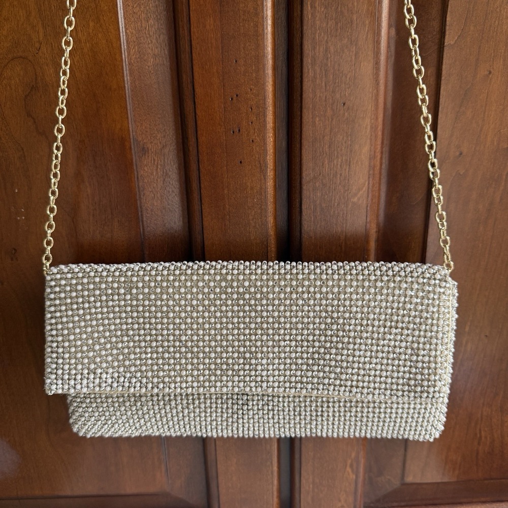 Vintage Jessica McClintock Evening Bag Ivory Beaded Envelope Clutch‎ Chain Strap